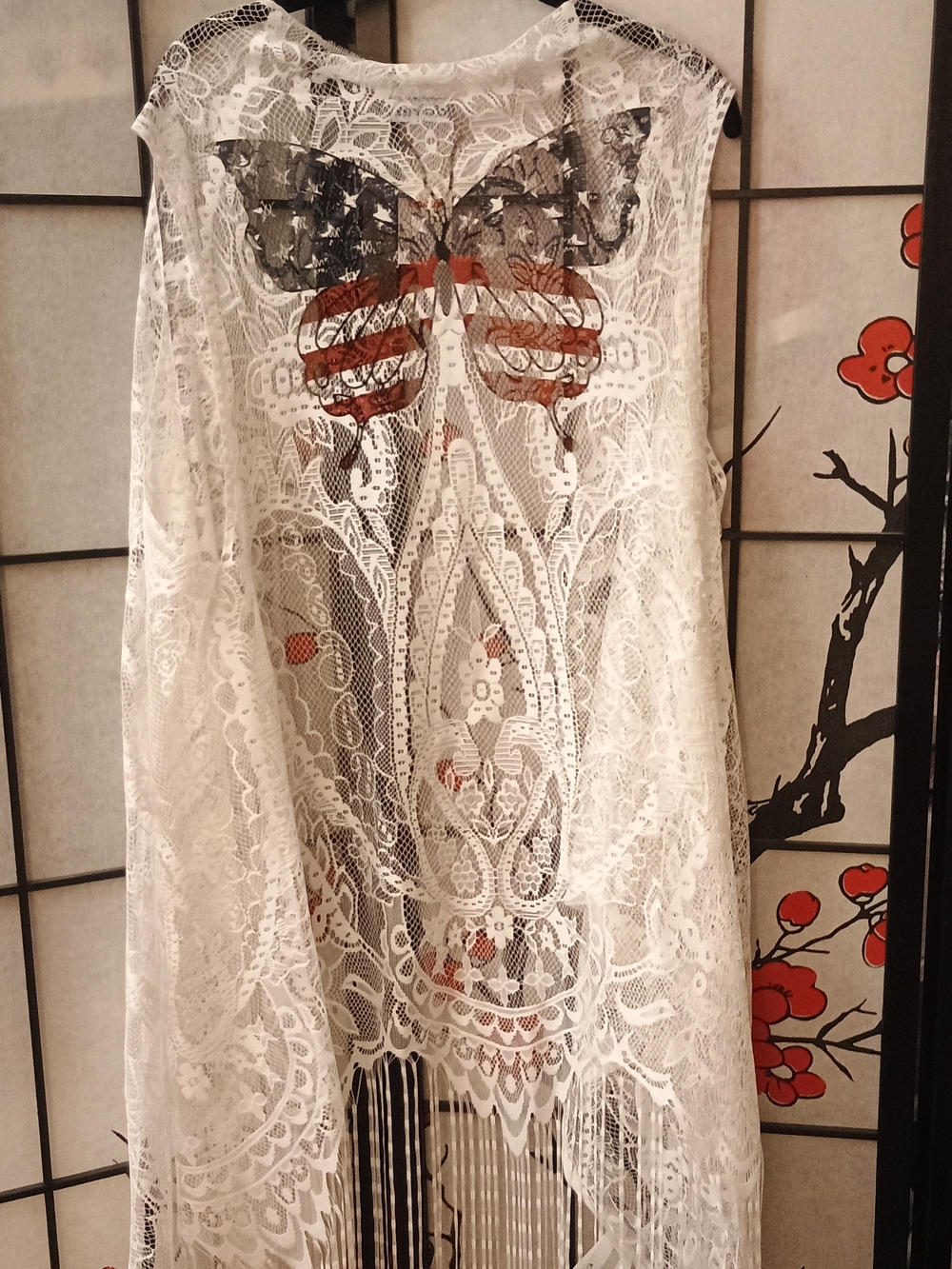 NWT White Lace Fringe Kimono Vest with Patriotic Butterfly Print - Picture 2 of 8